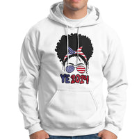White pullover hoodie with front 'YE2024' graphic and drawstring hood