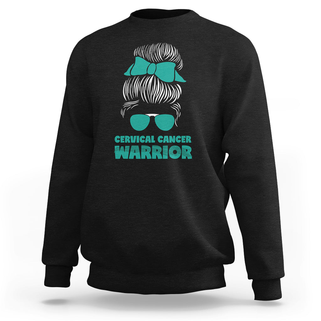 Cervical Cancer Warrior Sweatshirt Messy Bun Teal Ribbon - Wonder Print Shop