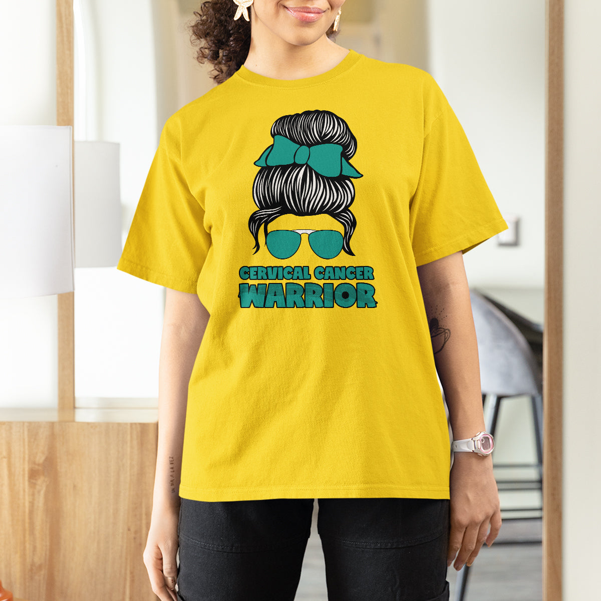 Cervical Cancer Warrior T Shirt For Women Messy Bun Teal Ribbon - Wonder Print Shop