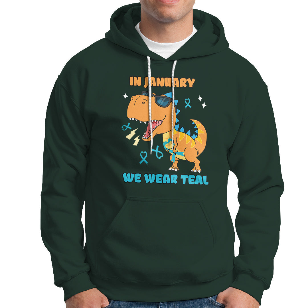 Dark forest green pullover hoodie with front graphic and “WE WEAR TEAL” text
