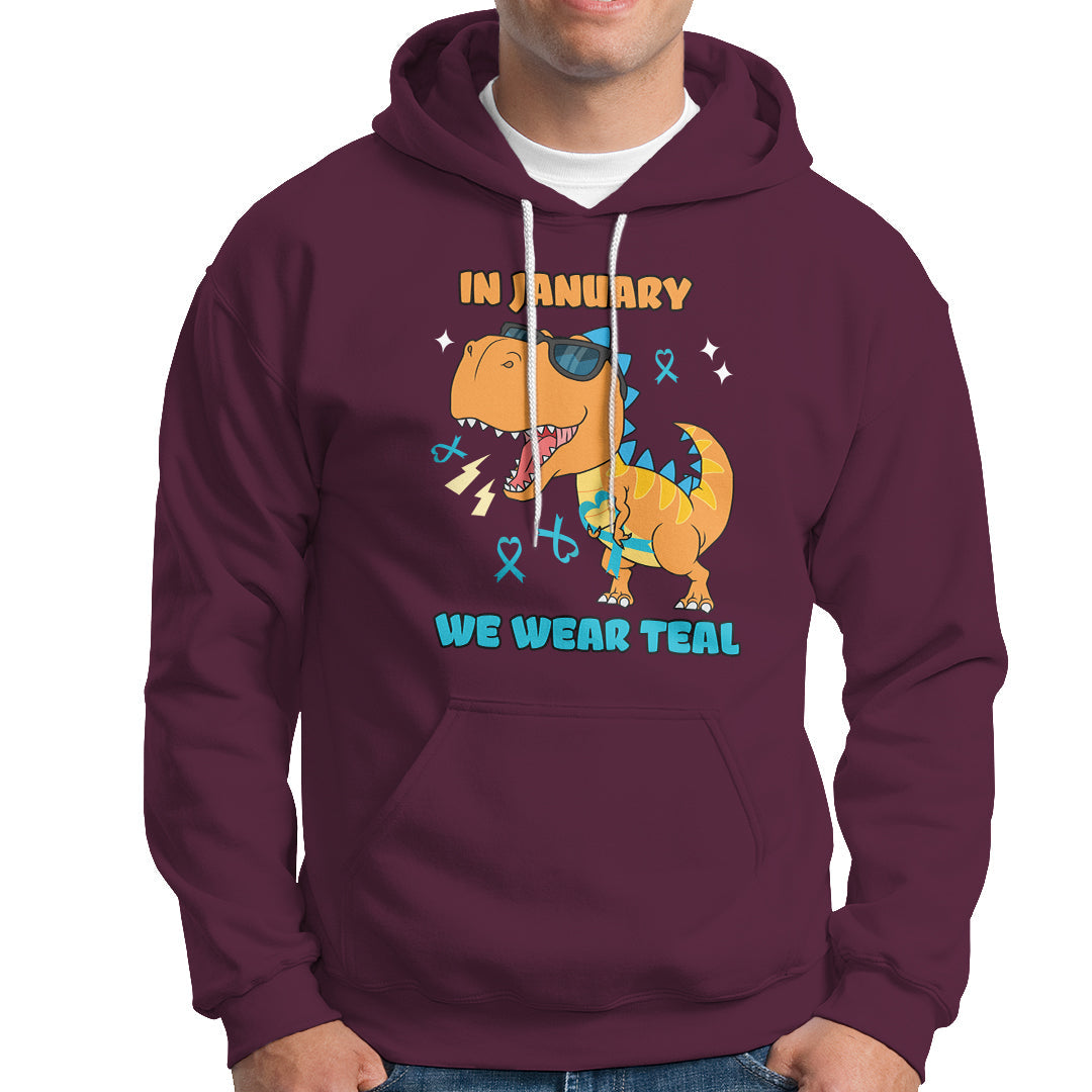 Maroon pullover hoodie with front graphic and “WE WEAR TEAL” text