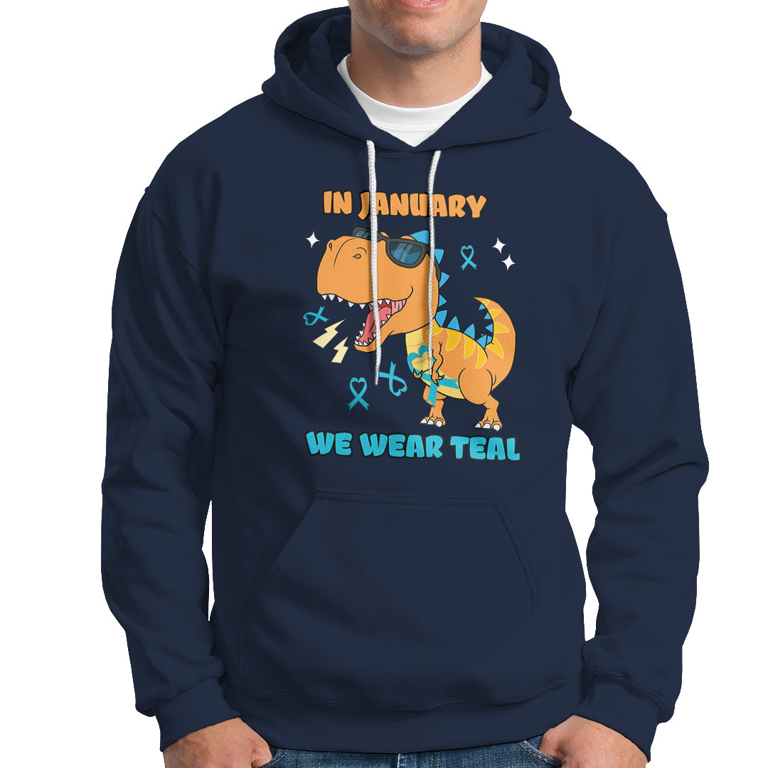 Navy pullover hoodie with front graphic and “WE WEAR TEAL” text