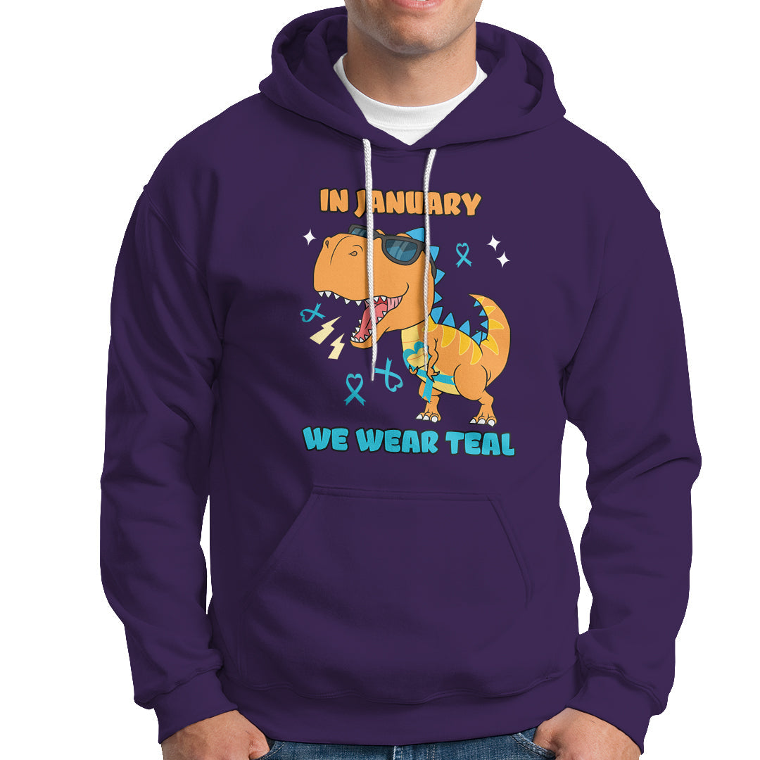 Purple pullover hoodie with front graphic and “WE WEAR TEAL” text