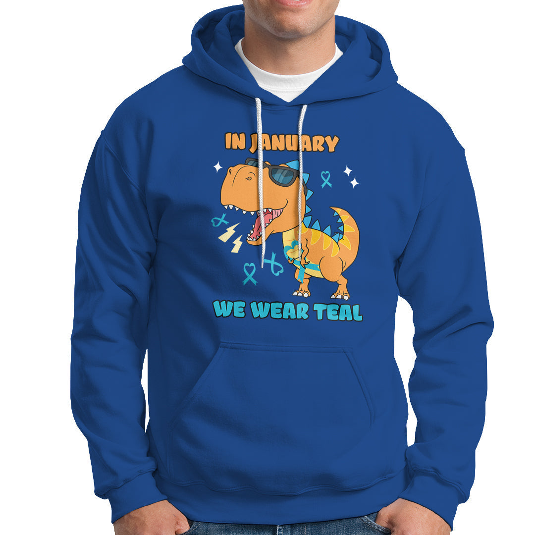 Royal blue pullover hoodie with front graphic and “WE WEAR TEAL” text