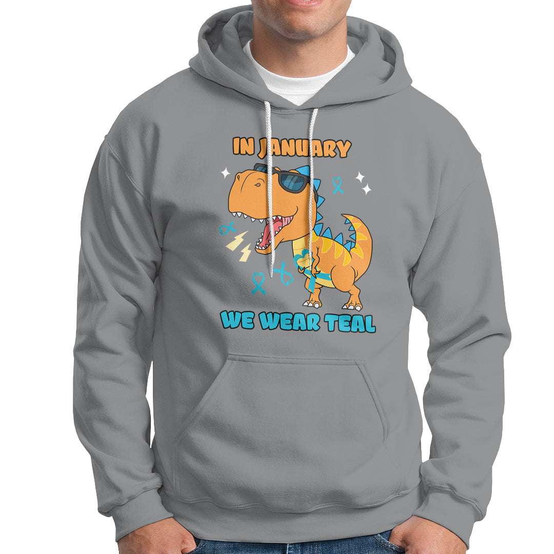 Sport gray pullover hoodie with front graphic and “WE WEAR TEAL” text