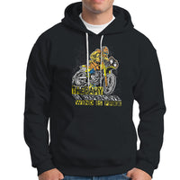 Black motorcycle hoodie with graphic print and hood drawstrings, front kangaroo pocket