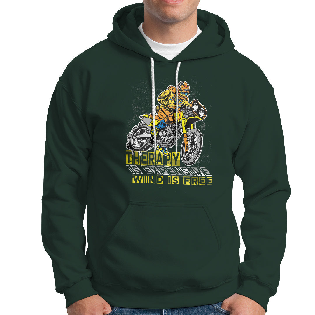 Dark forest green motorcycle hoodie with graphic print, hood drawstrings, front kangaroo pocket