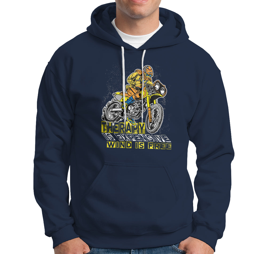 Navy motorcycle hoodie with motorcycle graphic print and hood drawstrings, kangaroo pocket