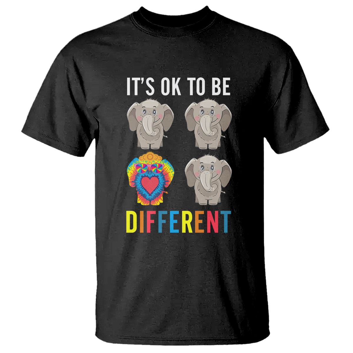 Autism Acceptance T Shirt It's Ok To Be Different Tie Dye Elephant Hippy Style - Wonder Print Shop
