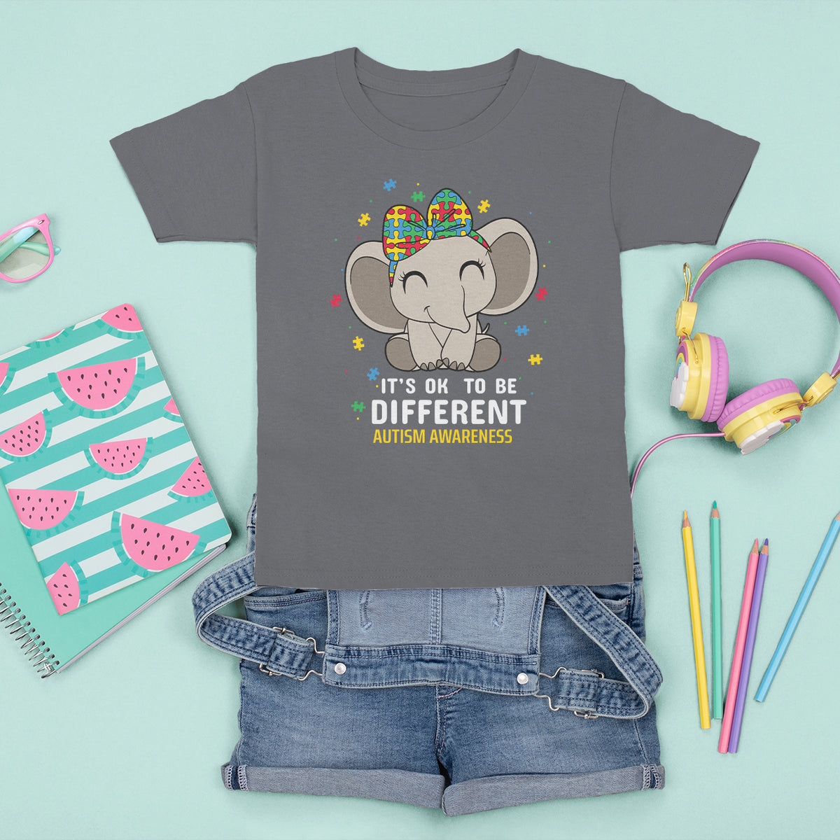 Cute Elephant Autism T Shirt For Kid It's Ok To Be Different Accept Support Love Autistic Kids - Wonder Print Shop