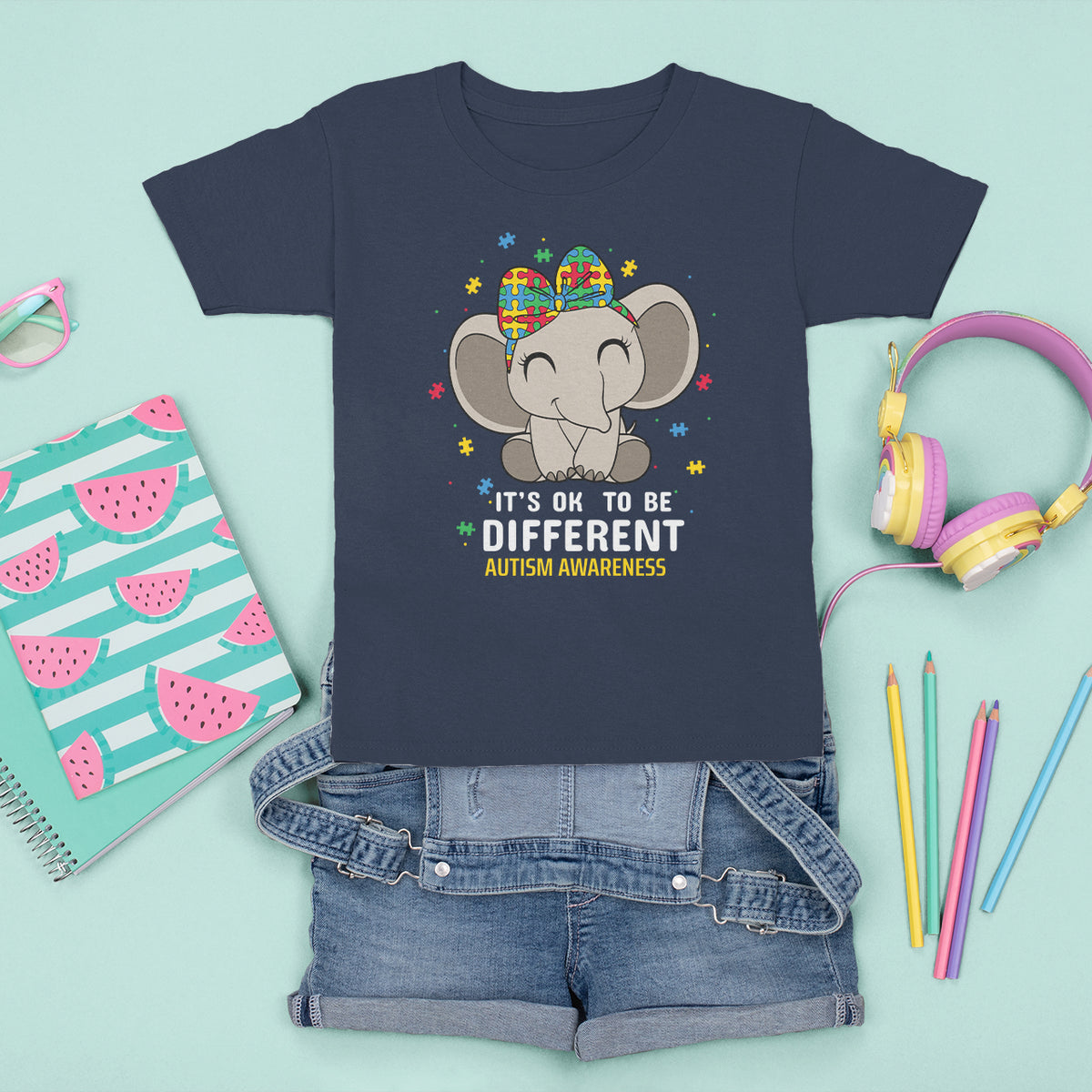 Cute Elephant Autism T Shirt For Kid It's Ok To Be Different Accept Support Love Autistic Kids - Wonder Print Shop