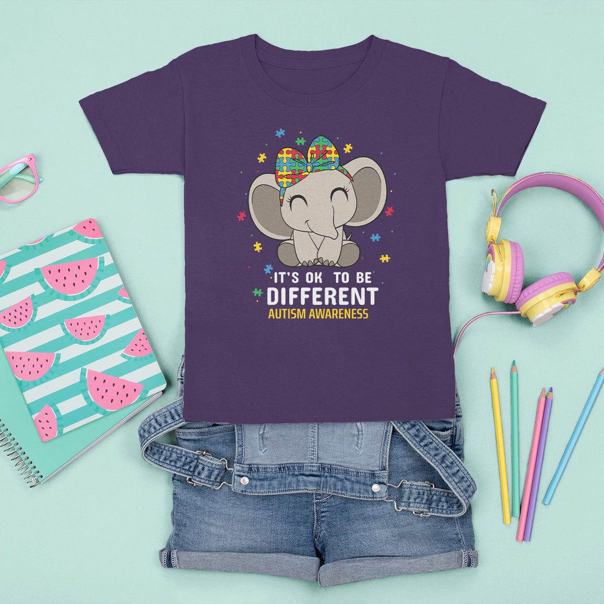 Cute Elephant Autism T Shirt For Kid It's Ok To Be Different Accept Support Love Autistic Kids - Wonder Print Shop