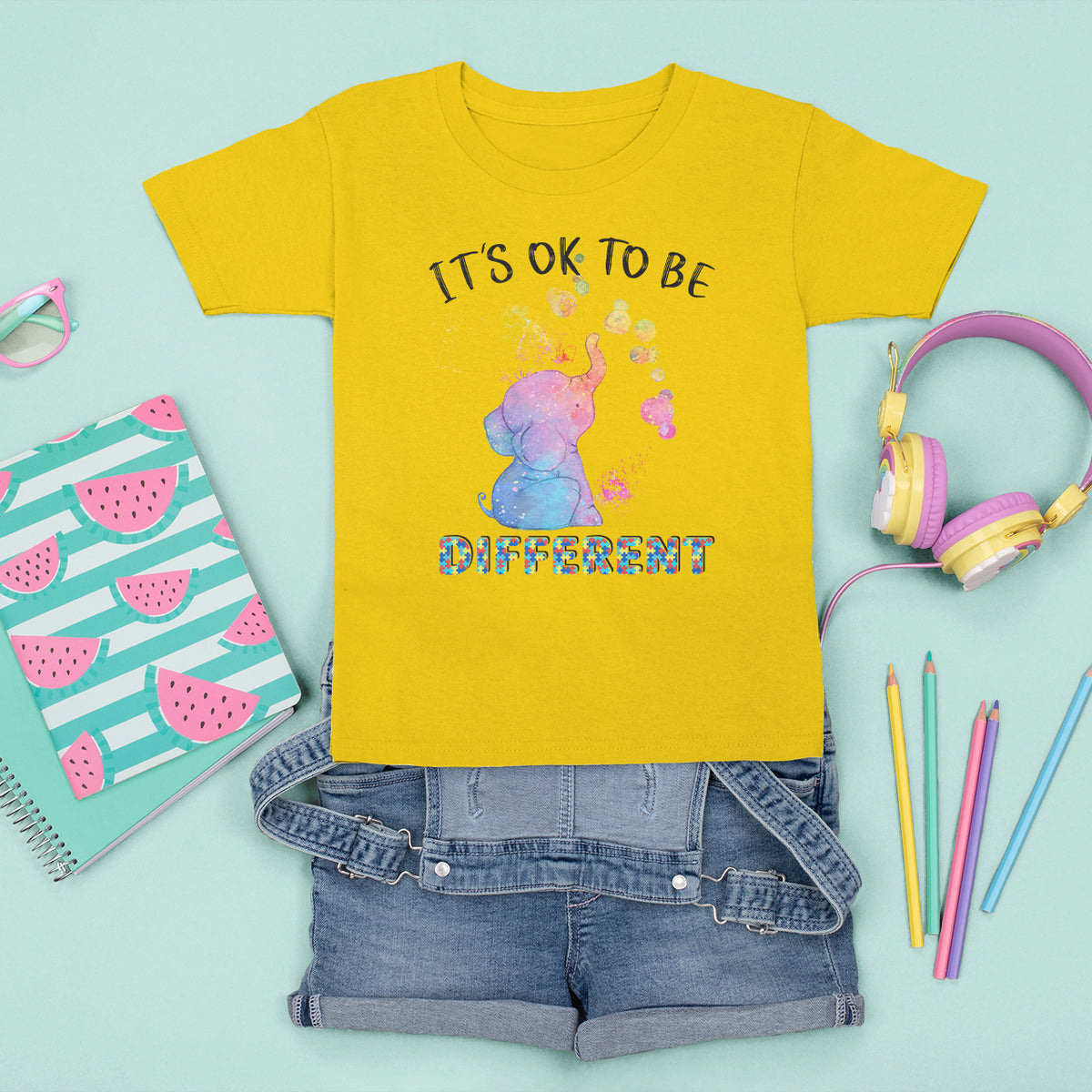 Autism Support T Shirt For Kid It's Ok To Be Different Cute Watercolor Elephant - Wonder Print Shop