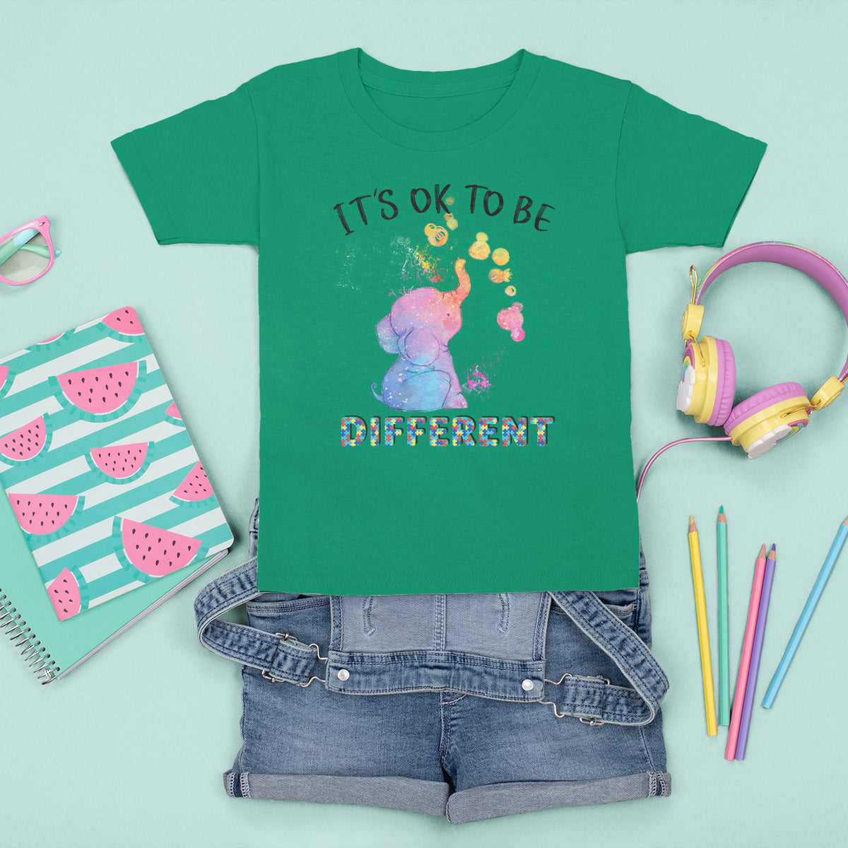 Autism Support T Shirt For Kid It's Ok To Be Different Cute Watercolor Elephant - Wonder Print Shop