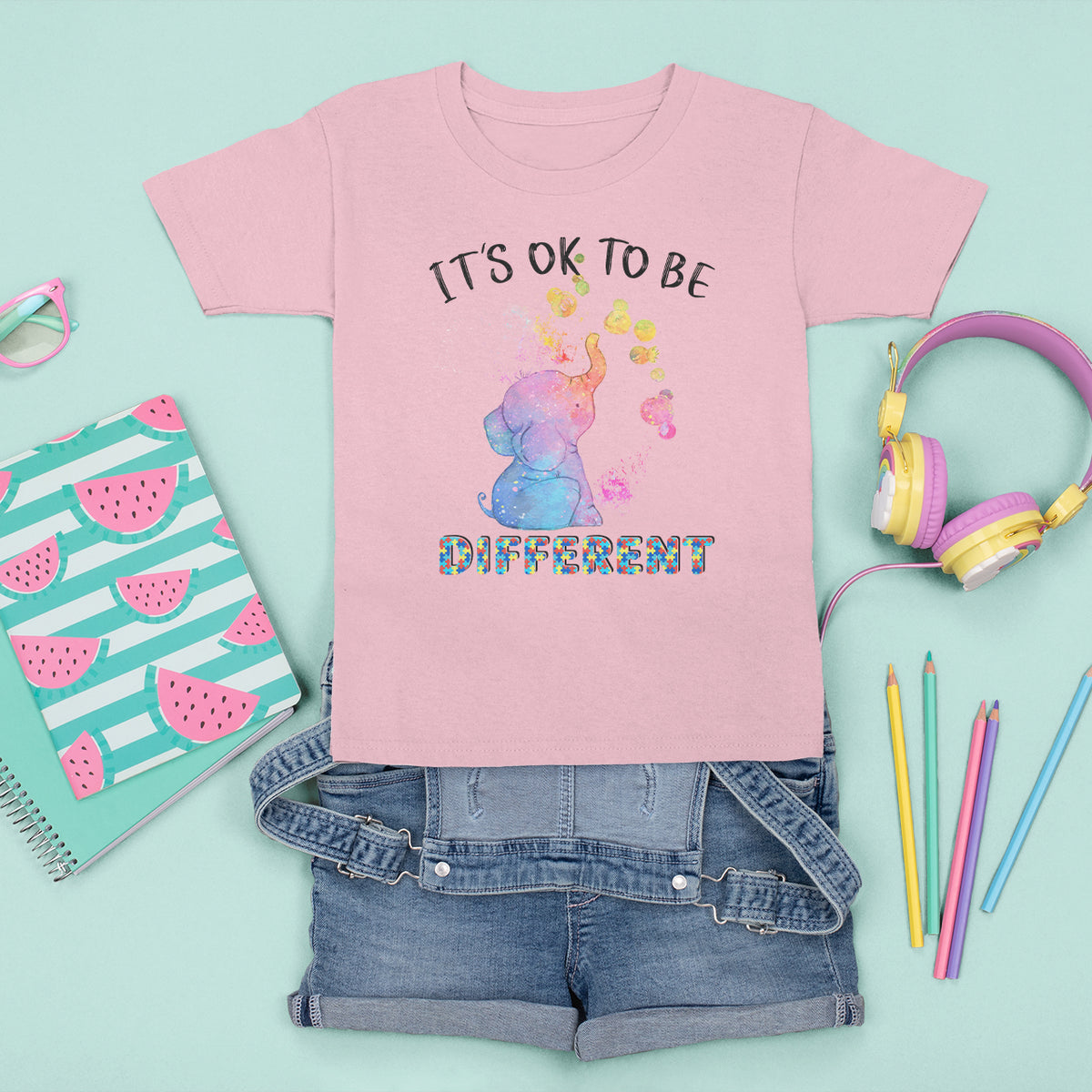 Autism Support T Shirt For Kid It's Ok To Be Different Cute Watercolor Elephant - Wonder Print Shop