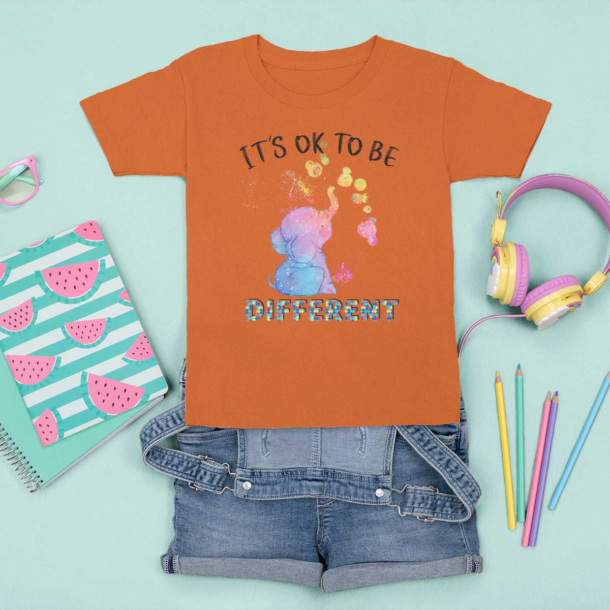 Autism Support T Shirt For Kid It's Ok To Be Different Cute Watercolor Elephant - Wonder Print Shop