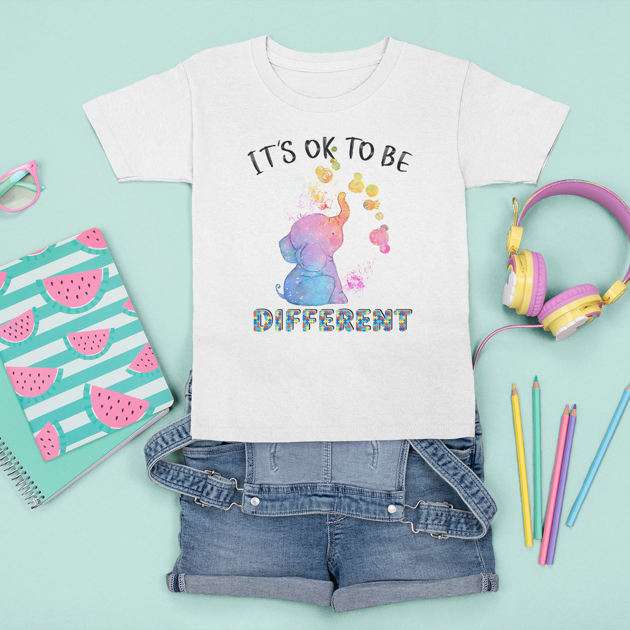 Autism Support T Shirt For Kid It's Ok To Be Different Cute Watercolor Elephant - Wonder Print Shop