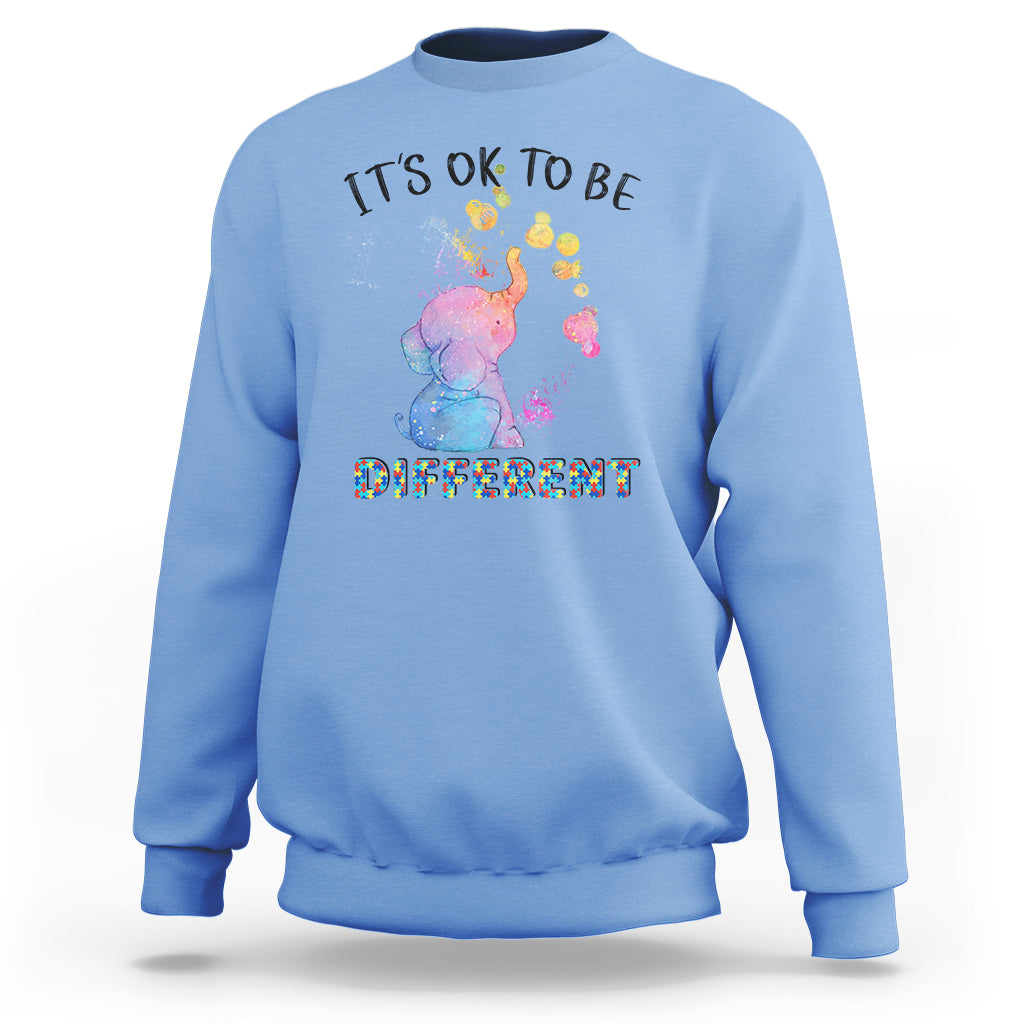Autism Support Sweatshirt It's Ok To Be Different Cute Watercolor Elephant - Wonder Print Shop
