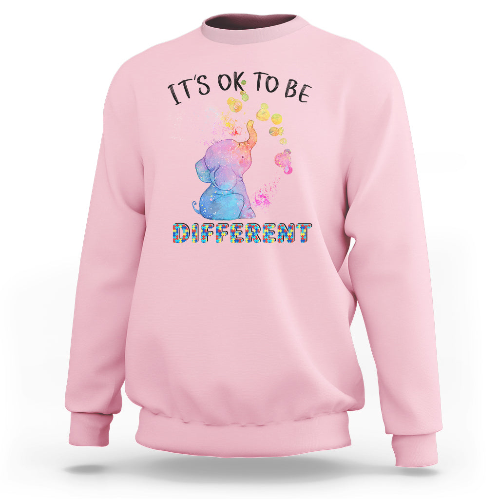 Autism Support Sweatshirt It's Ok To Be Different Cute Watercolor Elephant - Wonder Print Shop