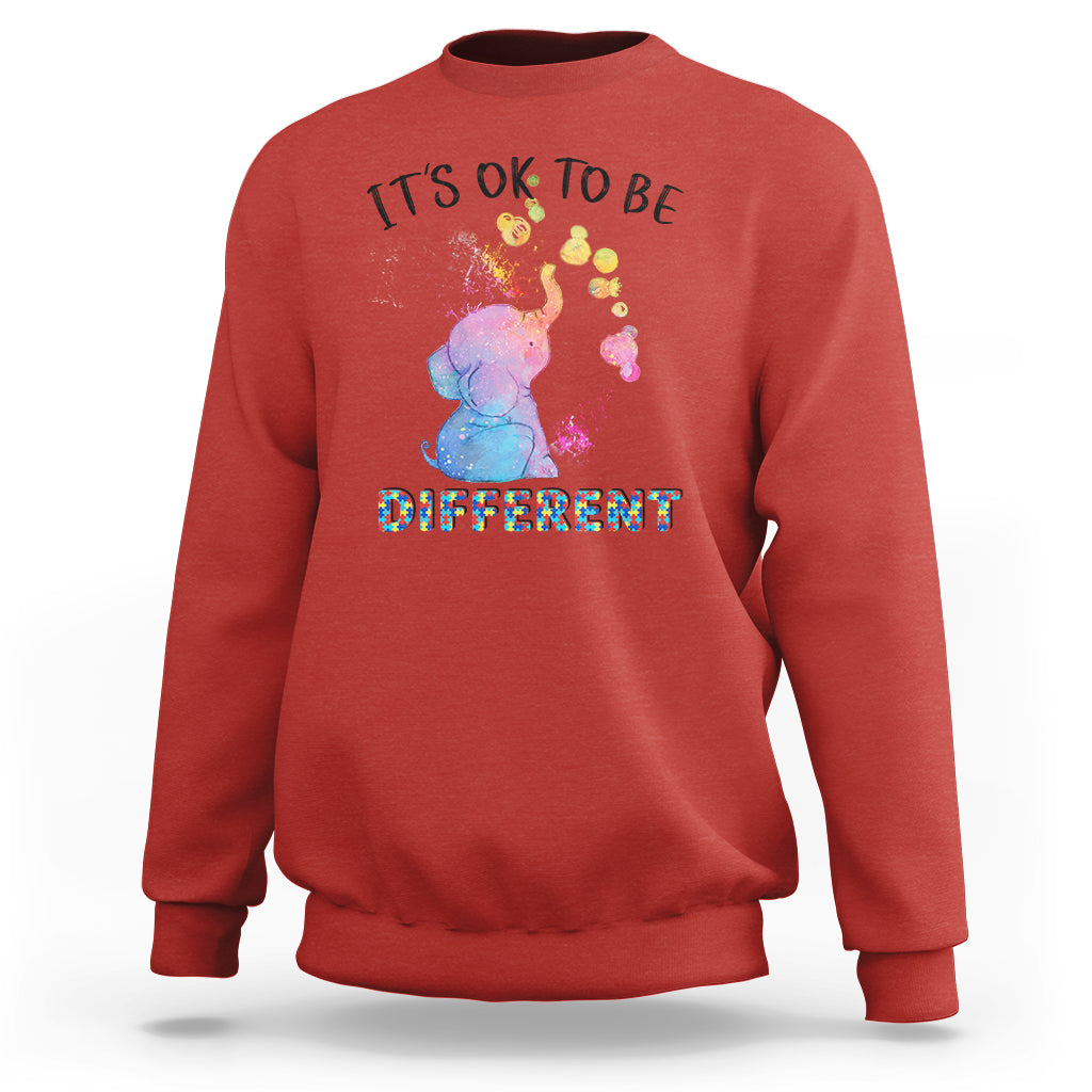Autism Support Sweatshirt It's Ok To Be Different Cute Watercolor Elephant - Wonder Print Shop