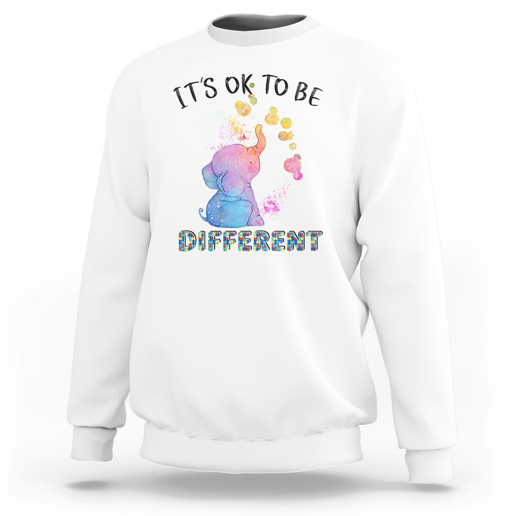 Autism Support Sweatshirt It's Ok To Be Different Cute Watercolor Elephant - Wonder Print Shop