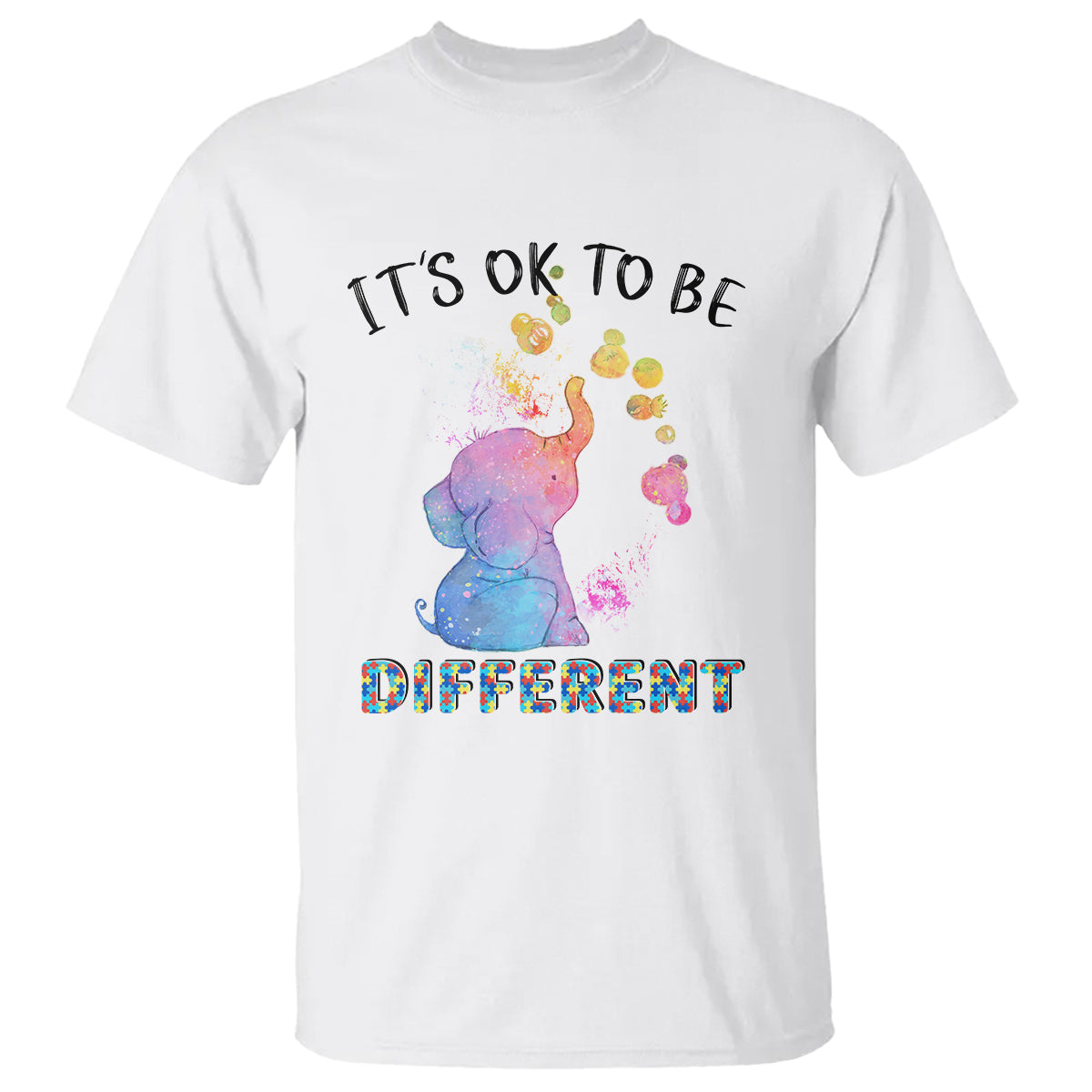 Autism Support T Shirt It's Ok To Be Different Cute Watercolor Elephant - Wonder Print Shop