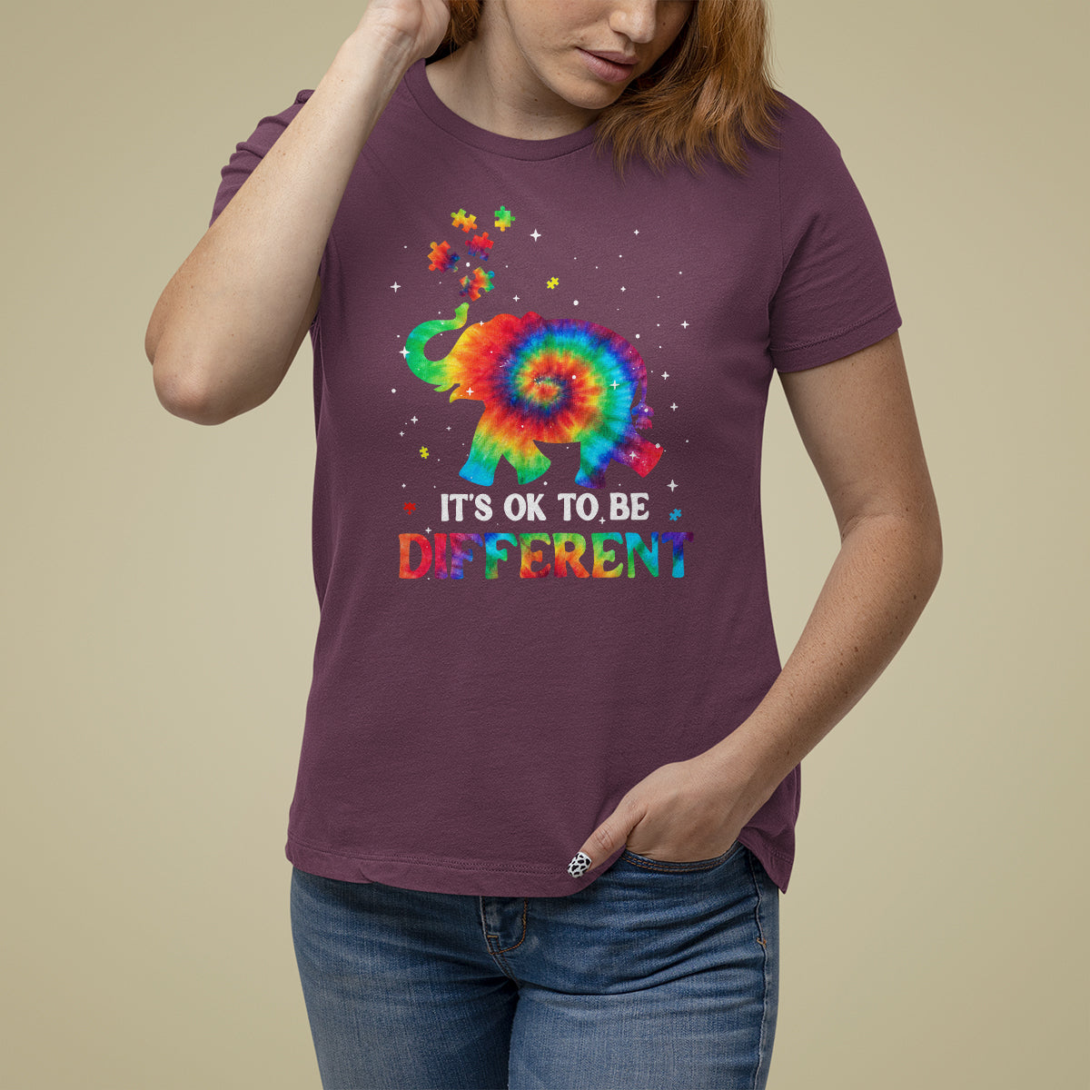 Tie Dye Elephant Autism T Shirt For Women Its Ok To Be Different - Wonder Print Shop