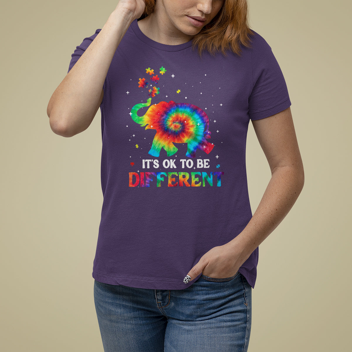 Tie Dye Elephant Autism T Shirt For Women Its Ok To Be Different - Wonder Print Shop