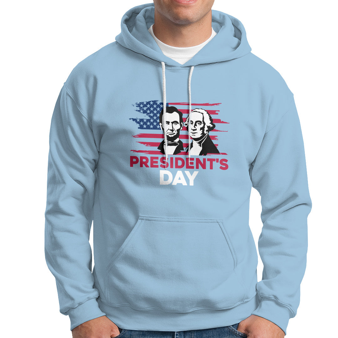 Men's light blue hoodie with front graphic of two presidents and “President’s Day” text.