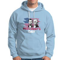 Men's light blue hoodie with front graphic of two presidents and “President’s Day” text.