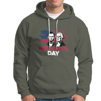 Men's military green hoodie with front graphic of two presidents and “President’s Day” text.