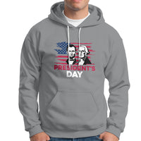 Men's gray hoodie with front graphic of two presidents and “President’s Day” text.