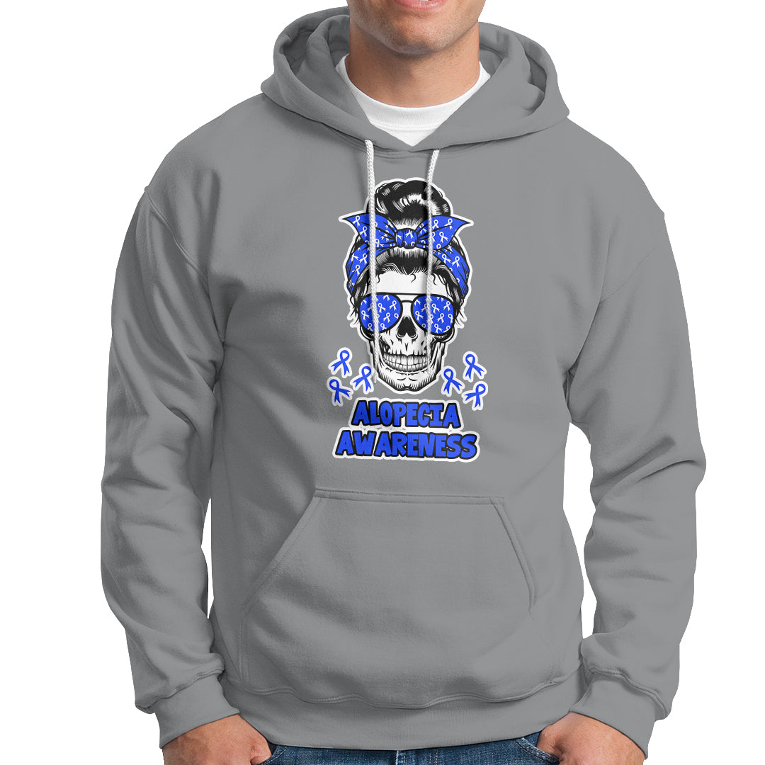 Alopecia Awareness Hoodie Messy Bun Skull Blue Ribbon for Womens - Wonder Print Shop