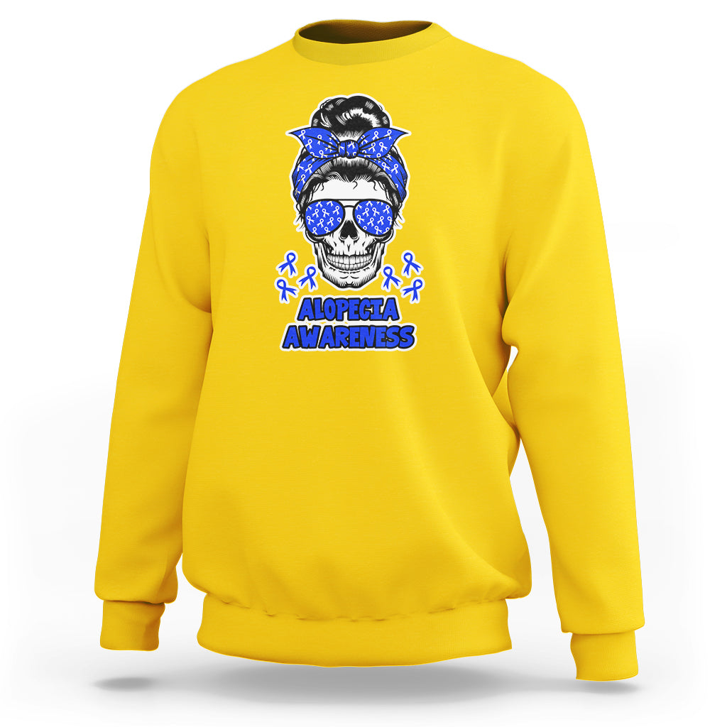 Alopecia Awareness Sweatshirt Messy Bun Skull Blue Ribbon for Womens - Wonder Print Shop