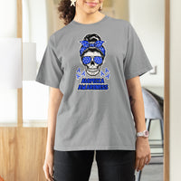 Alopecia Awareness T Shirt For Women Messy Bun Skull Blue Ribbon for Womens - Wonder Print Shop