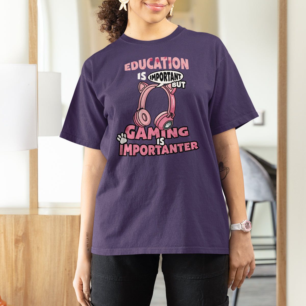 Funny Gamer T Shirt For Women Education is Imortant But Gaming Is Importanter - Wonder Print Shop