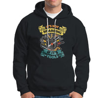 Black hoodie with colorful woodworker tool graphic, front kangaroo pocket, drawstring hood