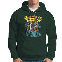 Dark forest green hoodie with colorful woodworker tool graphic, front kangaroo pocket, drawstring hood