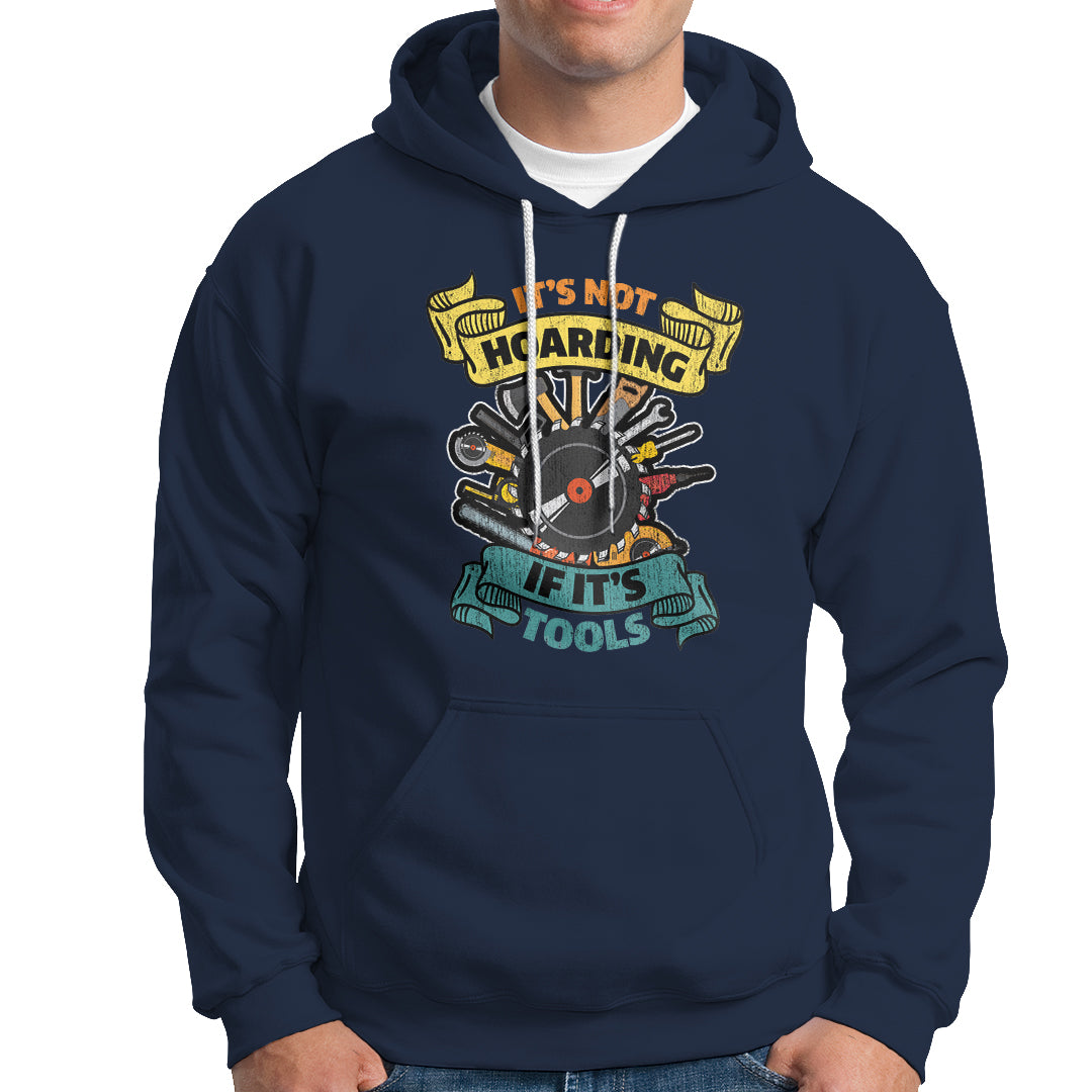 Navy hoodie with colorful woodworker tool graphic, front kangaroo pocket, drawstring hood