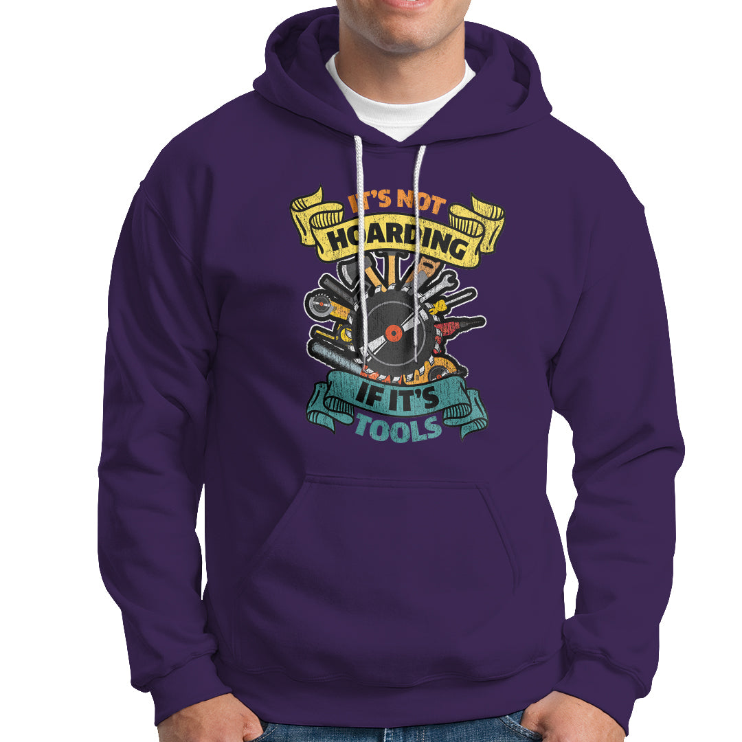 Purple hoodie with colorful woodworker tool graphic, front kangaroo pocket, drawstring hood