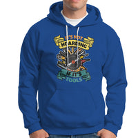 Royal blue hoodie with colorful woodworker tool graphic, front kangaroo pocket, drawstring hood