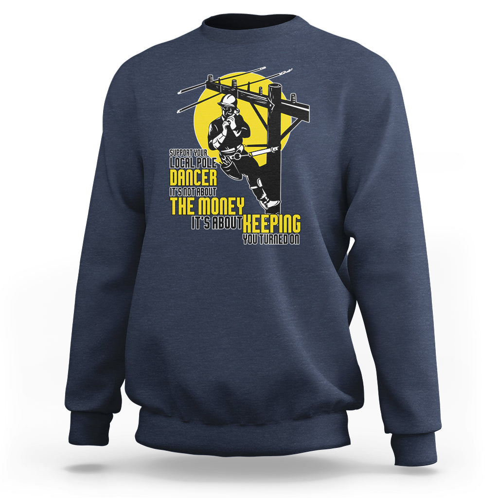 Navy crewneck sweatshirt with yellow pole dancer graphic on the front.