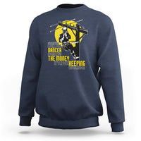 Navy crewneck sweatshirt with yellow pole dancer graphic on the front.