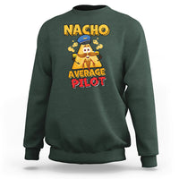 Dark forest green crewneck sweatshirt with colorful cartoon pilot graphic on chest
