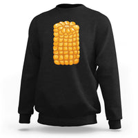 Black corn-themed Halloween sweatshirt with large yellow corn graphic on back