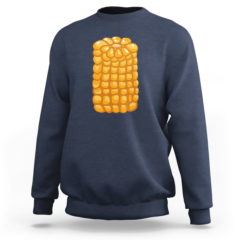 Navy corn-themed Halloween sweatshirt with large yellow corn graphic on back
