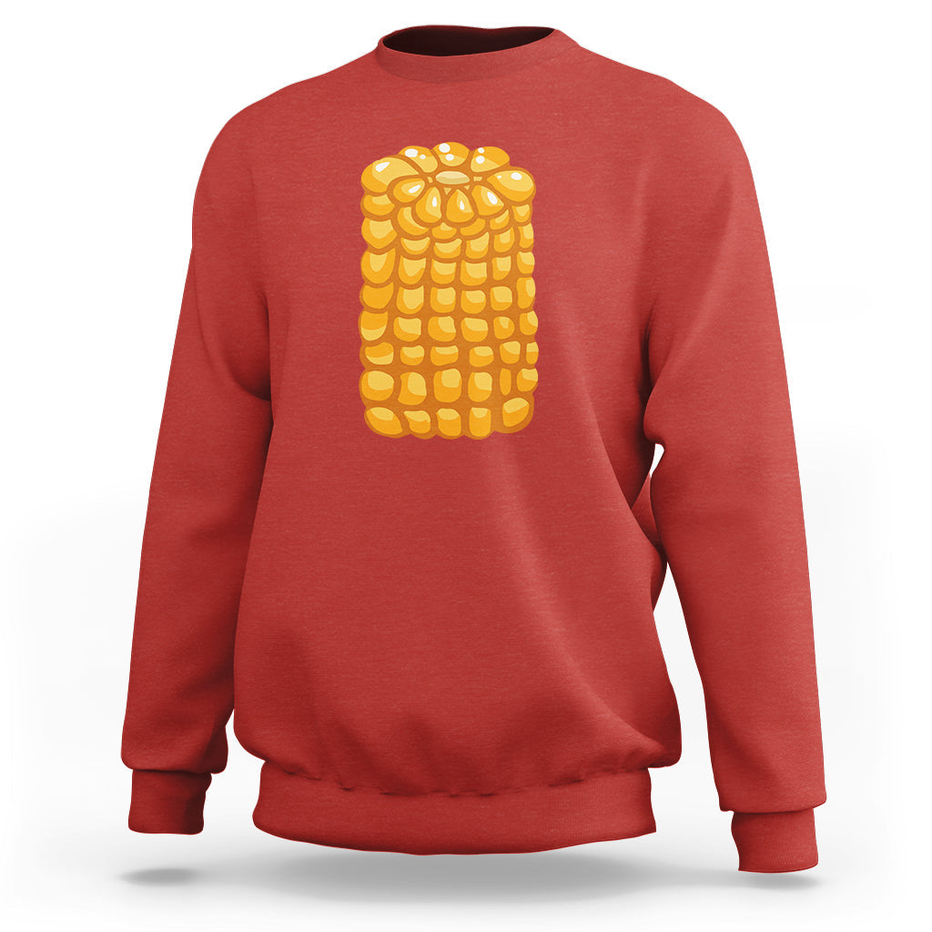 Red corn-themed Halloween sweatshirt with large yellow corn graphic on back