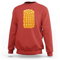 Red corn-themed Halloween sweatshirt with large yellow corn graphic on back