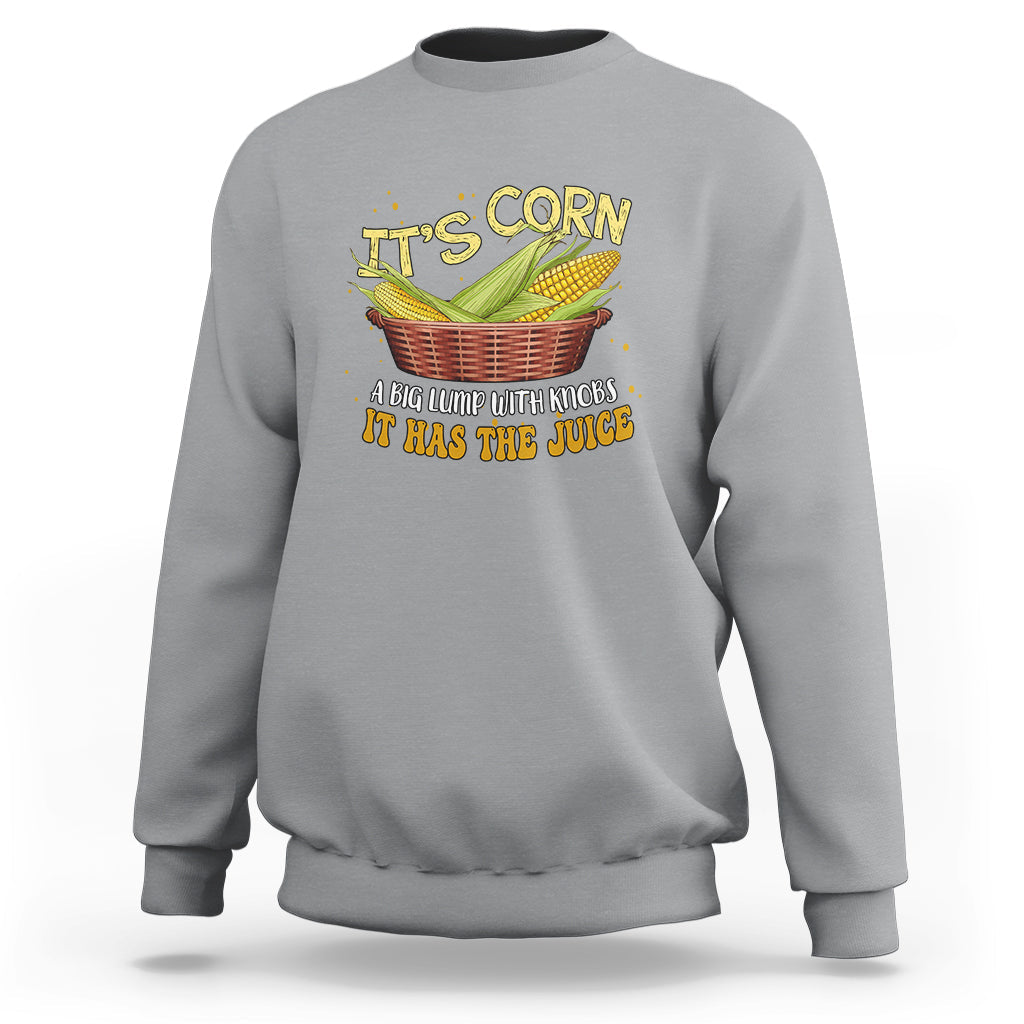 Light gray crewneck sweatshirt with corn basket graphic and 'It's Corn' front print.