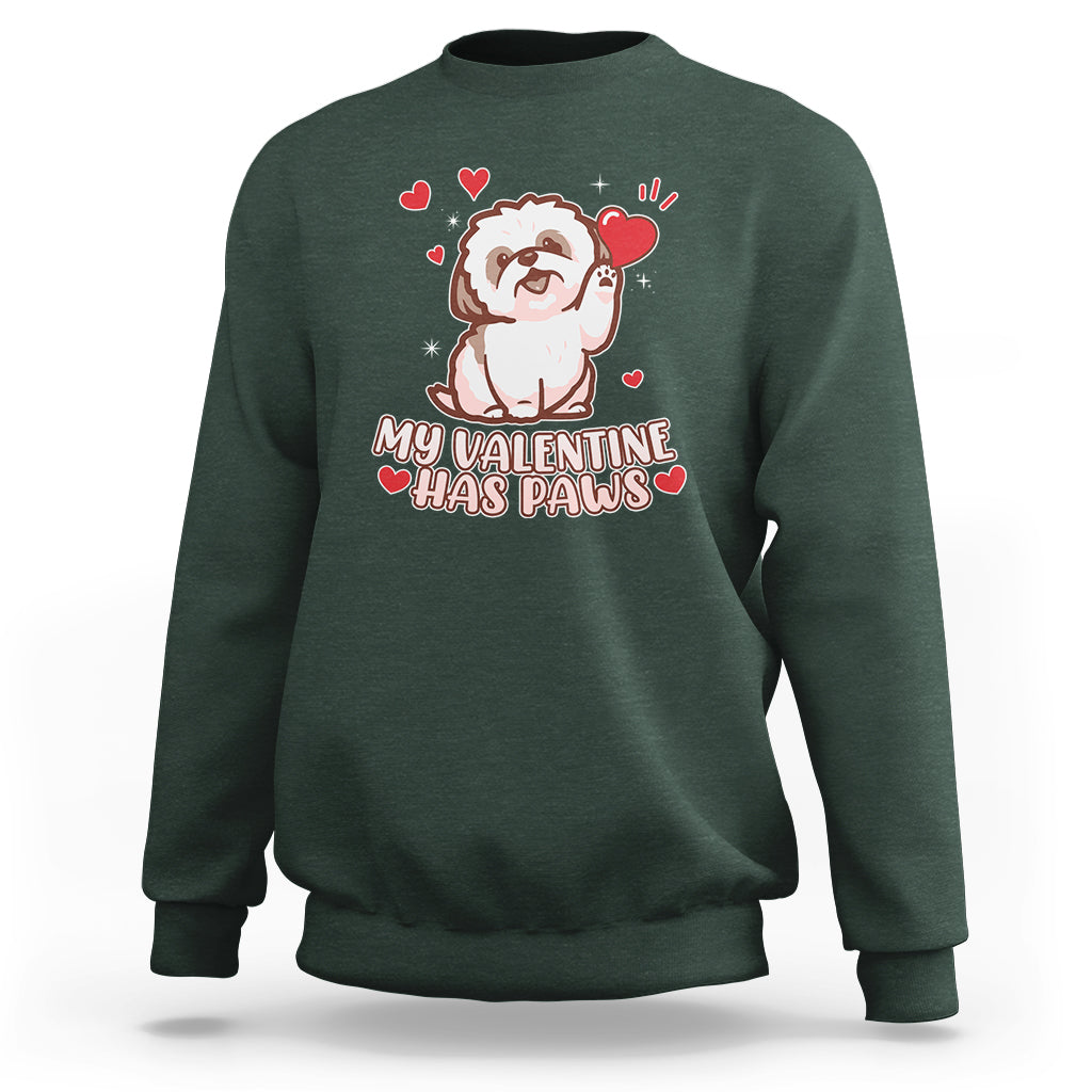 Happy Valentine's Day, Cute Shih-tzu Puppy Smiling My Valentine Has Paws Sweatshirt - Wonder Print Shop